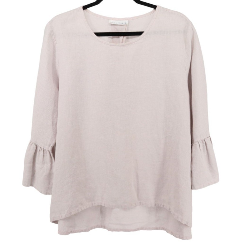 Bryn Walker Fran Light Linen Round Neck 3/4 Ruffle Bell Sleeve Shirt Size L Gray